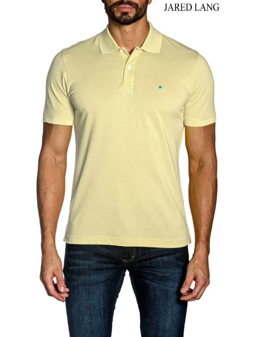 JARED LANG NWT STAR EMBROIDERY COTTON KNIT PASTEL YELLOW POLO. SIZE XXL